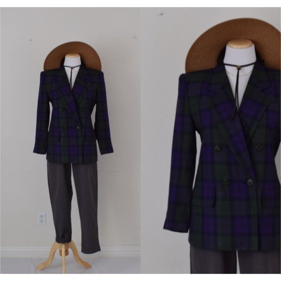 Vintage 90s Green and Purple Plaid Rayon Blazer by KASPER size 8‎ - Picture 1 of 10